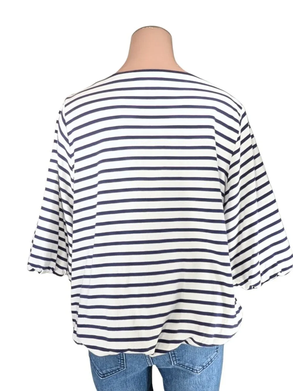 Chico's 2 Large Navy White Stripe Floral Embroidered Lined 3/4 Sleeve Top